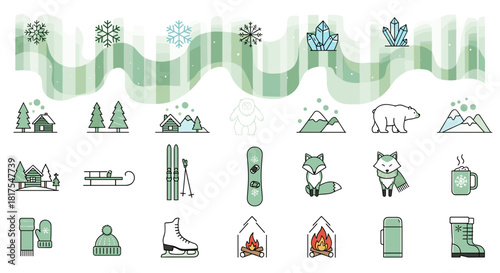 Illustration of winter themed elements including animals, gear, and scenery on a wavy background