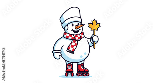 A snowman on roller skates holding a maple leaf with a red and white checkered scarf and hat design