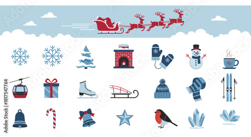 Illustration of christmas icons including santa in sleigh, snowman, and winter accessories isolated