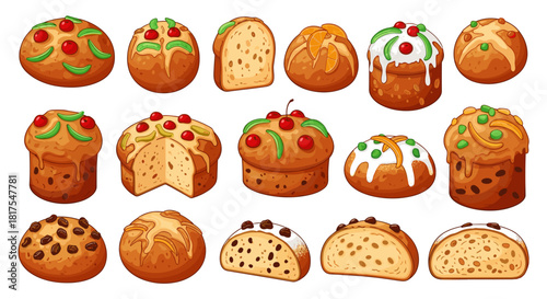 Assortment of festive easter breads and cakes decorated with cherries and icing on a white background