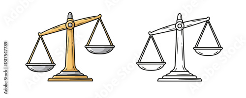 Cute cartoon style illustration of unbalanced golden scales of justice in a yellow and gray color and a black and white outline version