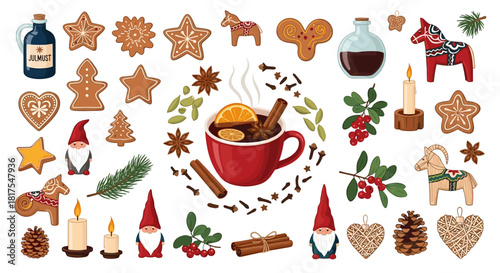 Festive christmas arrangement with gingerbread cookies gnomes and a steaming mug of mulled wine drink