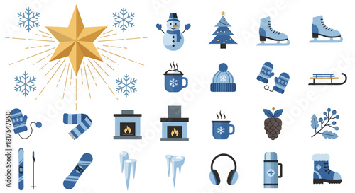 Illustration of winter themed objects including a star, snowman, and winter sports gear items