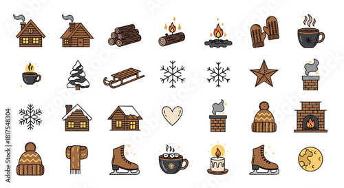 Illustration of winter themed icons including houses, snowflakes, and winter accessories icons set
