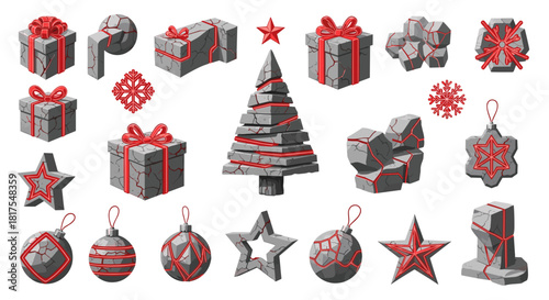 Illustration of stone textured christmas tree gifts and ornaments with red glowing accents on a white background