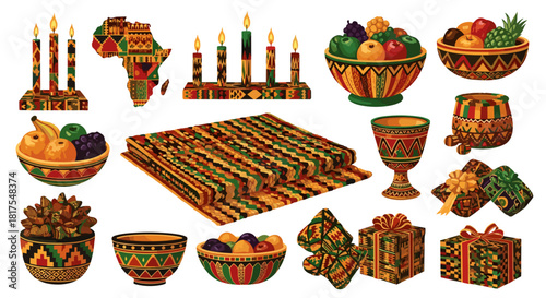 Arrangement of kwanzaa elements including candles, fruit bowls, gifts, and african continent design