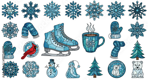 Assortment of winter themed stained glass style illustrations with snowflakes and seasonal items