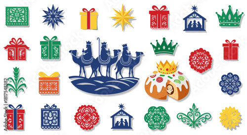 A collection of christmas themed icons including gifts crowns and the three wise men on camels