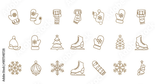 Outlined winter themed icons including mittens, scarves, christmas trees and snowflakes in a pattern