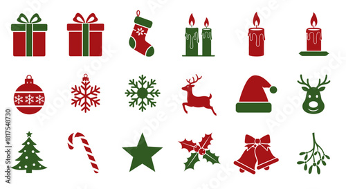 Illustration of various christmas themed icons including gifts candles and ornaments in red and green colors