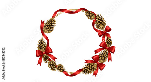Festive wreath adorned with pine cones and vibrant red ribbons creating a holiday decoration look 100 char