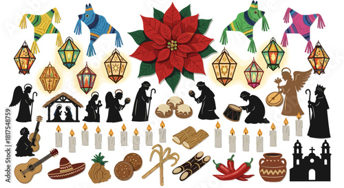 Festive christmas decorations featuring piñatas poinsettia and nativity scene with cultural elements present