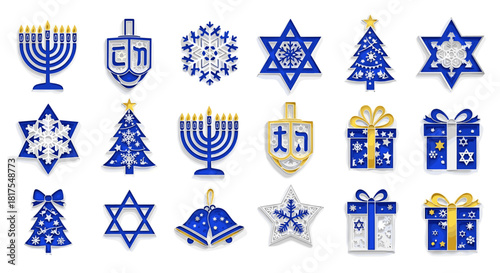 Collection of hanukkah and christmas themed ornaments including menorahs dreidels and stars of david