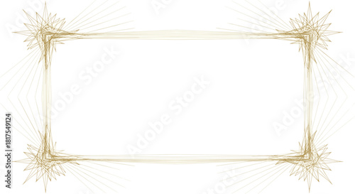 A delicate square frame with starburst corners in light gold tones on a white background creates a border