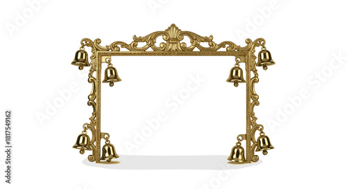 Ornate gold frame with decorative carvings and hanging bells on a white isolated background view shot