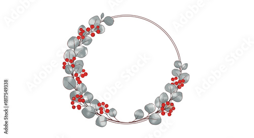 Oval frame adorned with silver dollar eucalyptus leaves and red berries in a decorative arrangement