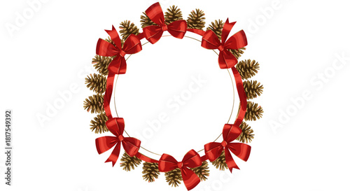 Oval frame adorned with red bows and pine cones creating a festive and decorative border design element