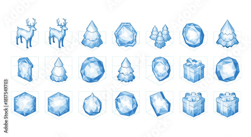 A collection of ice themed christmas ornaments featuring reindeer trees and geometric shapes in blue
