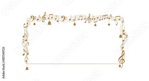 Elegant golden music notes and bells frame with a musical staff on a white background for decoration