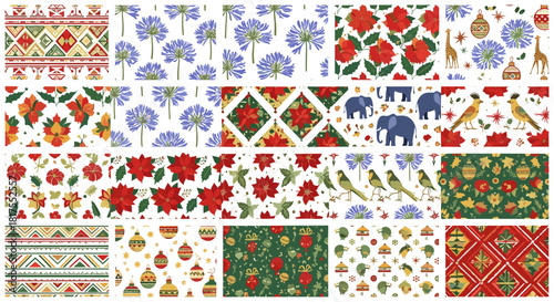 Assorted patterned tiles showcasing various floral, animal, and geometric designs in vibrant colors