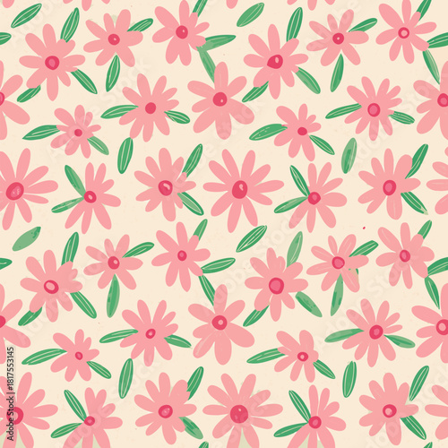 Seamless Pattern Illustration: Delicate Spring Daisies and Leaves