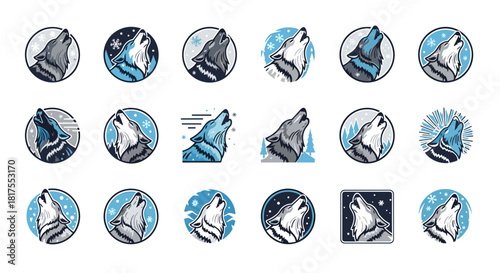 Collection of howling wolf illustrations in oval frames with winter themed background elements design