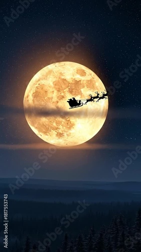 Santa Claus and his reindeer sleigh silhouetted against a magnificent glowing full moon in a starry night sky over a winter forest landscape, symbolizing Christmas magic and holiday spirit.
