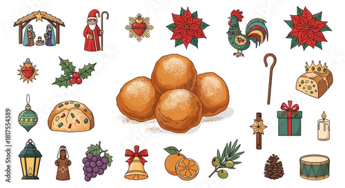 A festive assortment of christmas themed decorations and food items displayed in a colorful arrangement