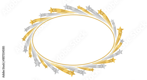 Golden circle frame adorned with radiating gold and silver starbursts on a white background design element