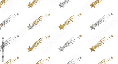 Repeating pattern of gold and silver glittery shooting stars on a white background design element