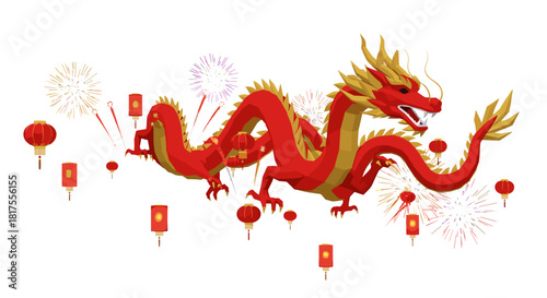 A vibrant red and gold chinese dragon surrounded by lanterns and fireworks for festive celebrations