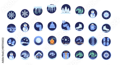 Collection of winter themed oval icons featuring snowflakes, snowmen, and northern lights scenes design