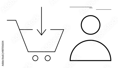 Shopping cart with wheels and arrow pointing downward beside a user icon in linear style. Ideal for e-commerce, user interface, online shopping, retail updates, app design, business, modern