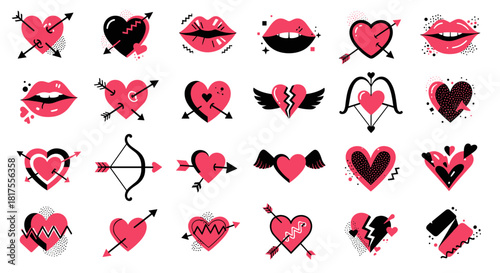 Collection of hearts pierced by arrows lips and bows in a valentines day themed graphic design style