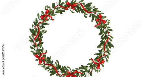 Oval mistletoe wreath with green leaves white berries and red ribbons on a white background view