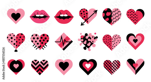 Collection of pink and black hearts and lips with different patterns and designs in a grid layout