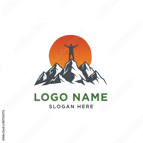 Logo of a person celebrating on a mountain peak at sunset, symbolizing success and achievement.