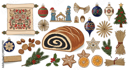 Assortment of christmas decorations and food items arranged on a white surface in a festive display