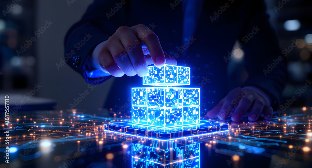 © emwe studio - Human hand stacking glowing digital cubes on circuit board, symbolizing data architecture, artificial intelligence, and future innovation © emwe studio - Human hand stacking glowing digital cubes on circuit board, symbolizing data architecture, artificial intelligence, and future innovation