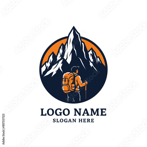 Circular adventure logo of a hiker with a backpack and stick facing a snowy mountain range.