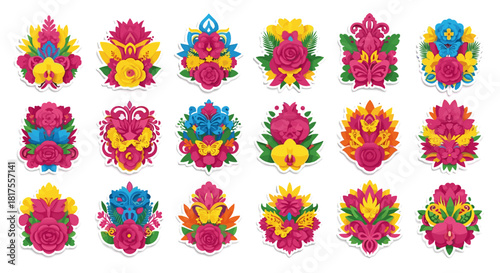 Collection of vibrant floral arrangements with roses orchids and butterfly accents on white background