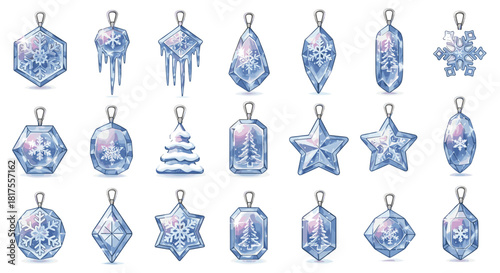 Collection of ice themed pendants with snowflake and winter tree designs on a white background