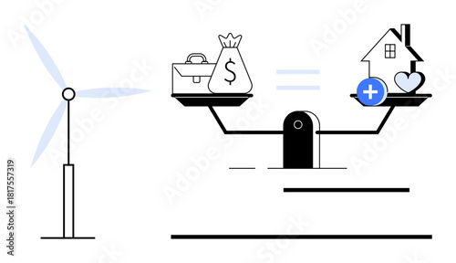 Renewable energy concept. Depiction of economic balance between clean energy, financial investments, and societal well-being. Renewable energy promotes sustainable living and progress