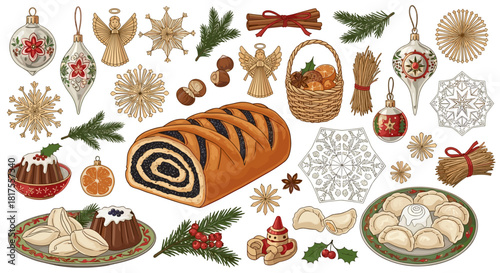 Assorted christmas decorations and traditional foods arranged in a festive holiday display setting scene