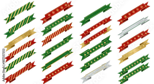Collection of christmas themed ribbons in green red gold and silver colors arranged diagonally