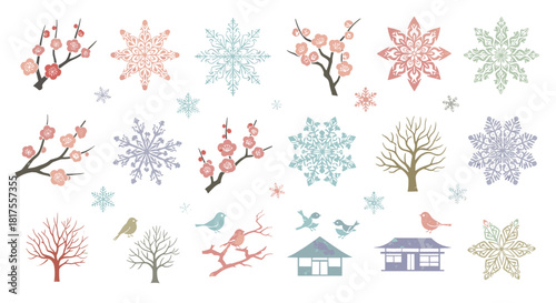 Assorted winter and spring elements including snowflakes, blossoming branches, birds, and houses artfully arranged