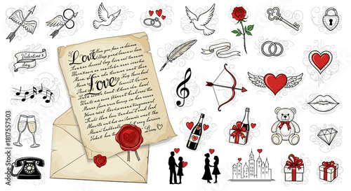 Collection of valentine's day themed drawings featuring love letter and romantic elements artfully arranged