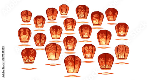 An aerial view of a collection of illuminated chinese lanterns floating in the night sky together above