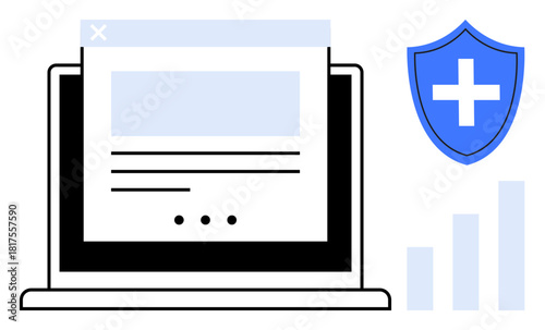 Laptop displaying webpage, protective medical shield symbol, and upward graph bars. Ideal for healthcare, online security, data analysis, antivirus protection, digital growth, technology