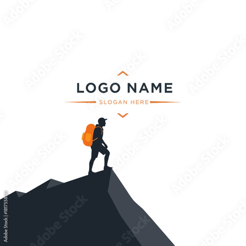 Silhouette of a hiker with an orange backpack standing on a mountain peak, logo design.